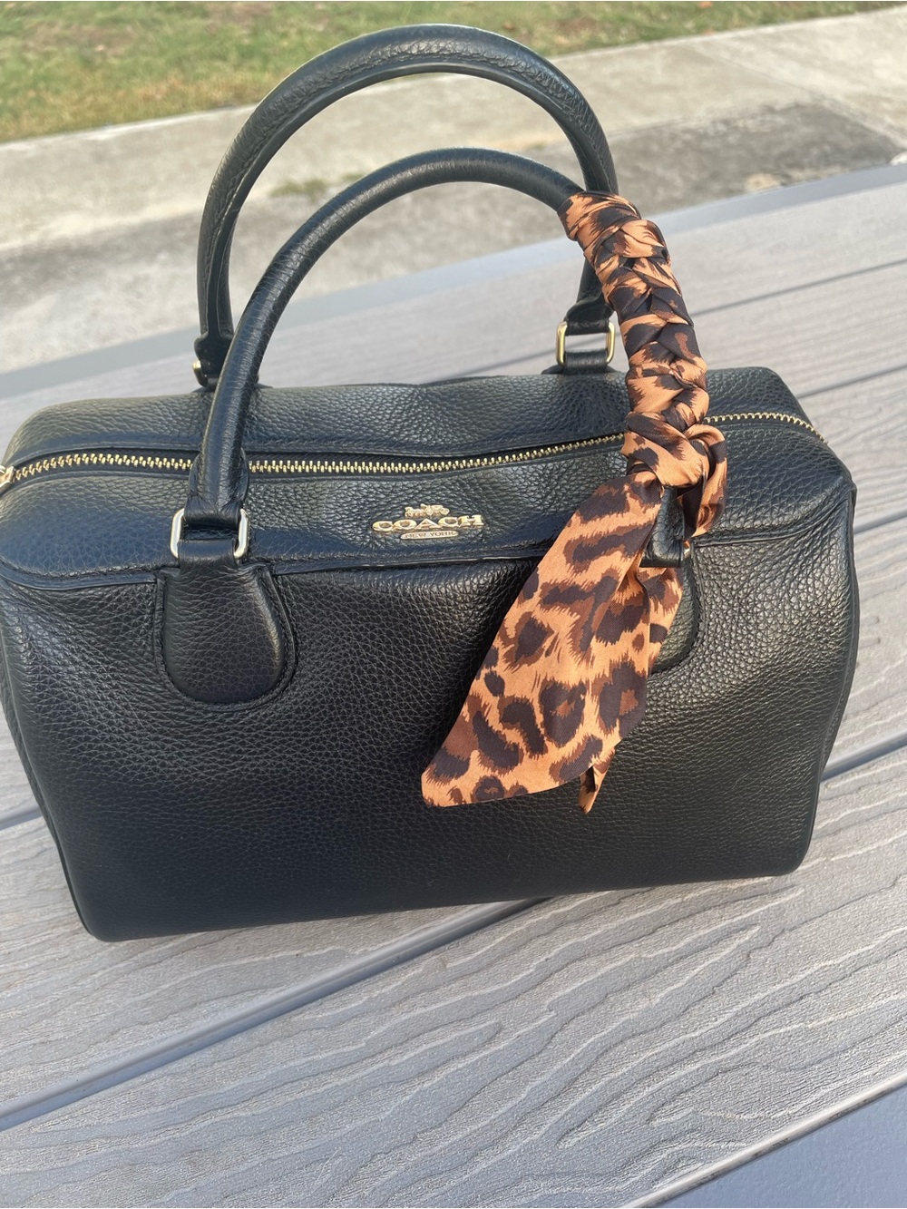 Coach Black Pebbled Leather Satchel with Leopard Scarf Accent